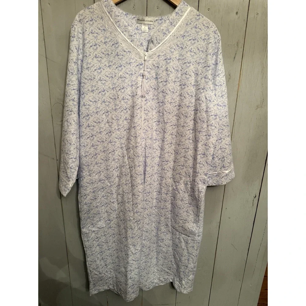 Miss Elaine Lg Full Zip Front Robe Housecoat Super Soft Floral Baby Blue Pockets
